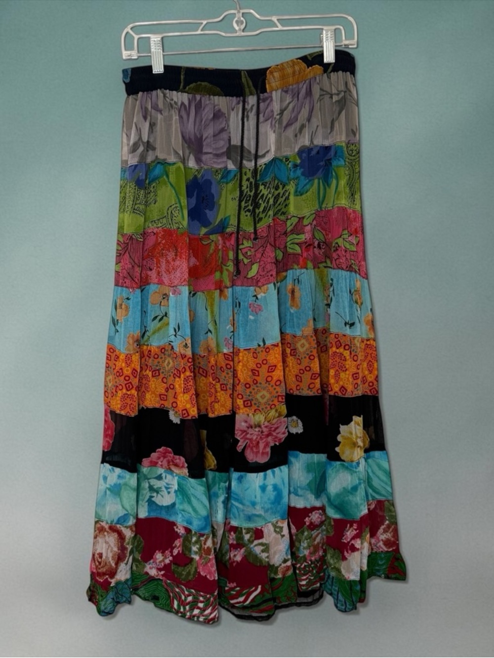 Sacred Threads Boho Patchwork Rayon Lined Maxi Skirt Size XL Colorful Hippie